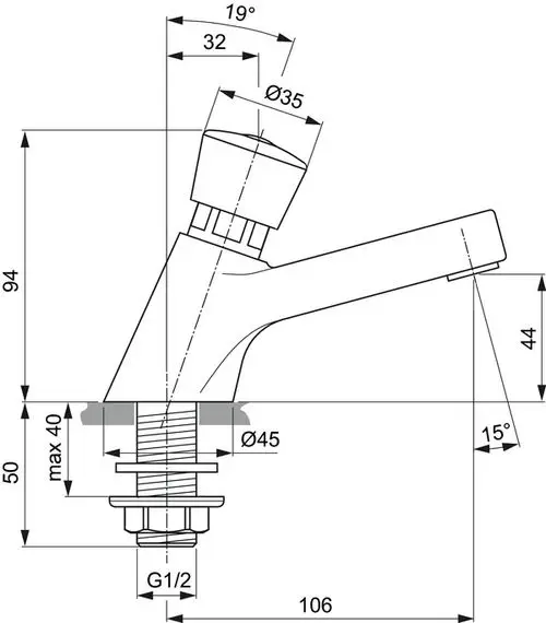 Chromfarbenes Standventil mit Befestigungselementen und spezifischen Abmessungen. Ideal Standard Produkt, entworfen für Verkaufs- oder Nutzungsanwendungen.
